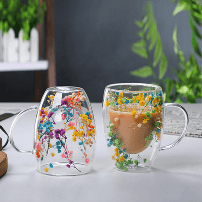 (4 pièces) Tasses en verre à double paroi avec motif fleurs séchées