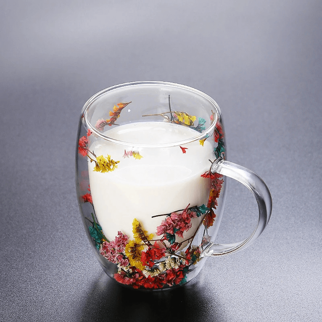 (4 pièces) Tasses en verre à double paroi avec motif fleurs séchées